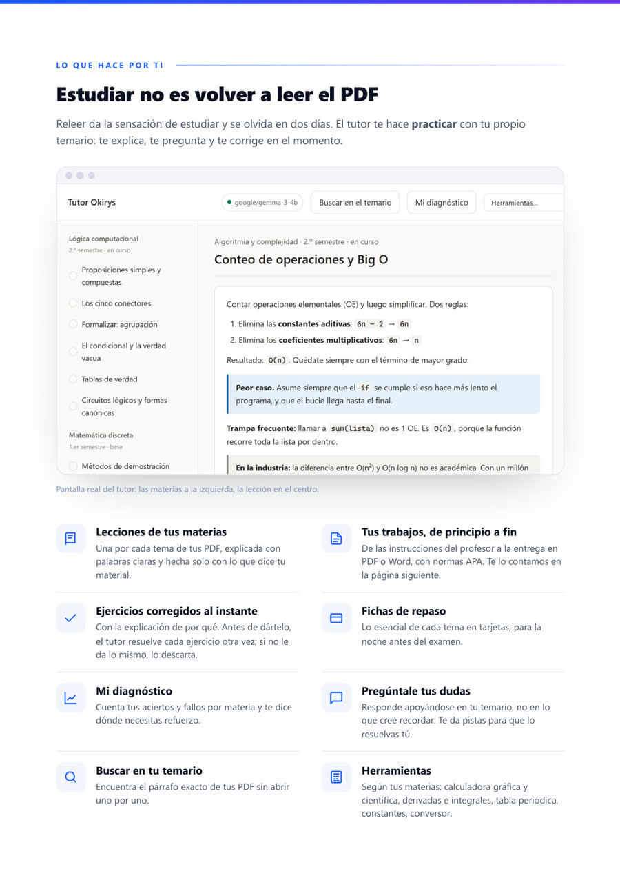 Folleto del Tutor Okirys, página 2: lecciones, ejercicios y fichas